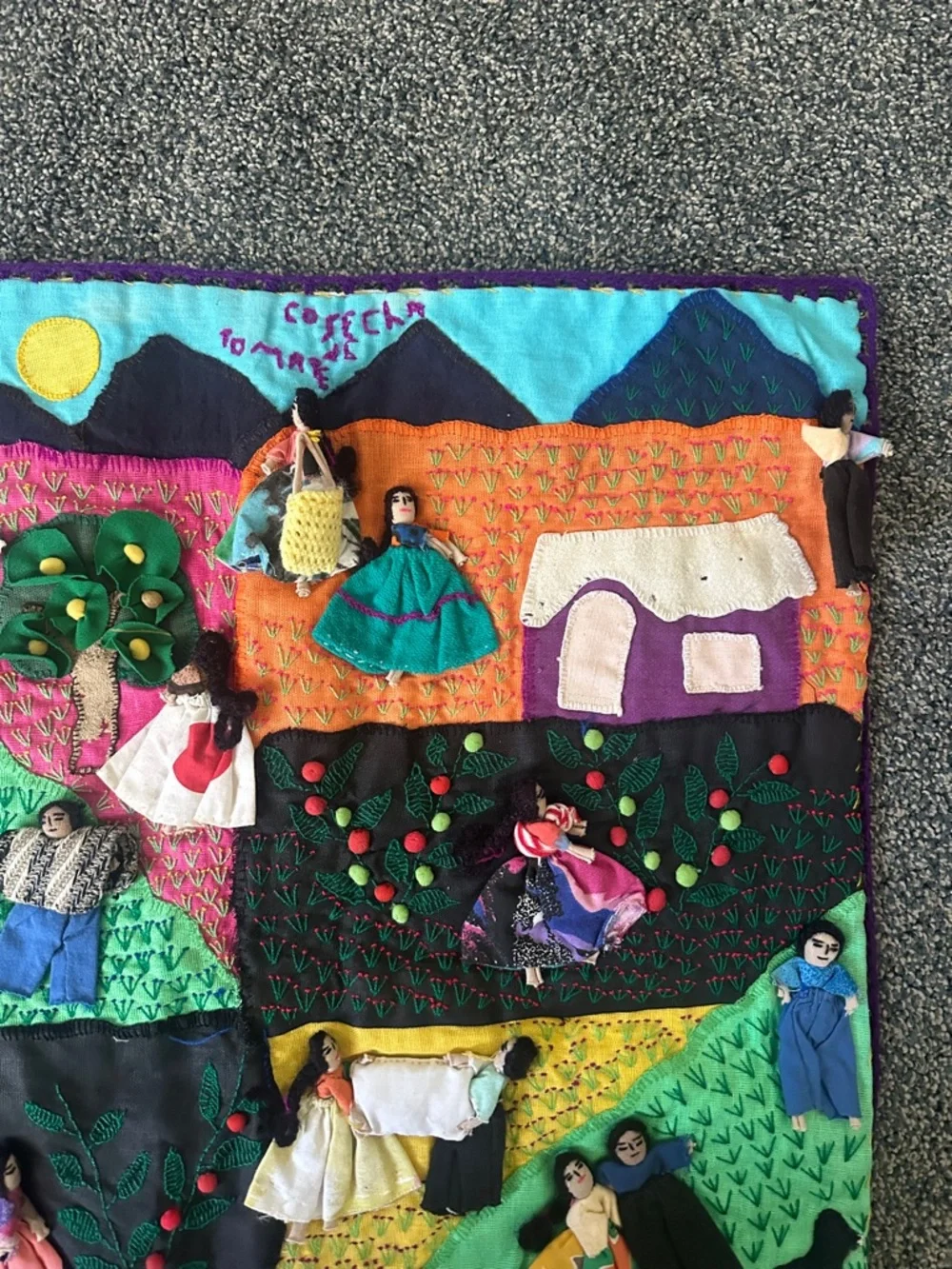 Handmade Peruvian Arpillera 3D Folk Tapestry Story Of Their Daily Life Harvest